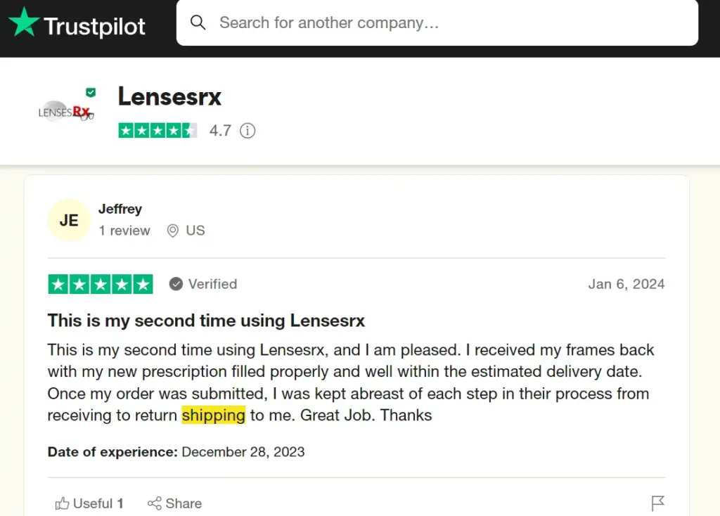 Trustpilot review of Shipping and Delivery 